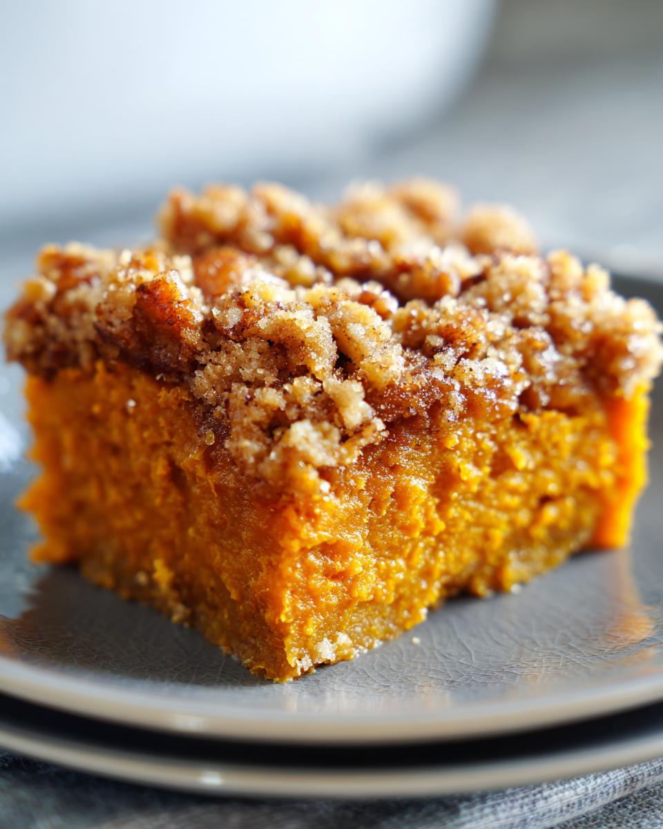 Close-up of a rich, orange slice of Southern Maple Sweet Potato Casserole topped with brown sugar streusel.