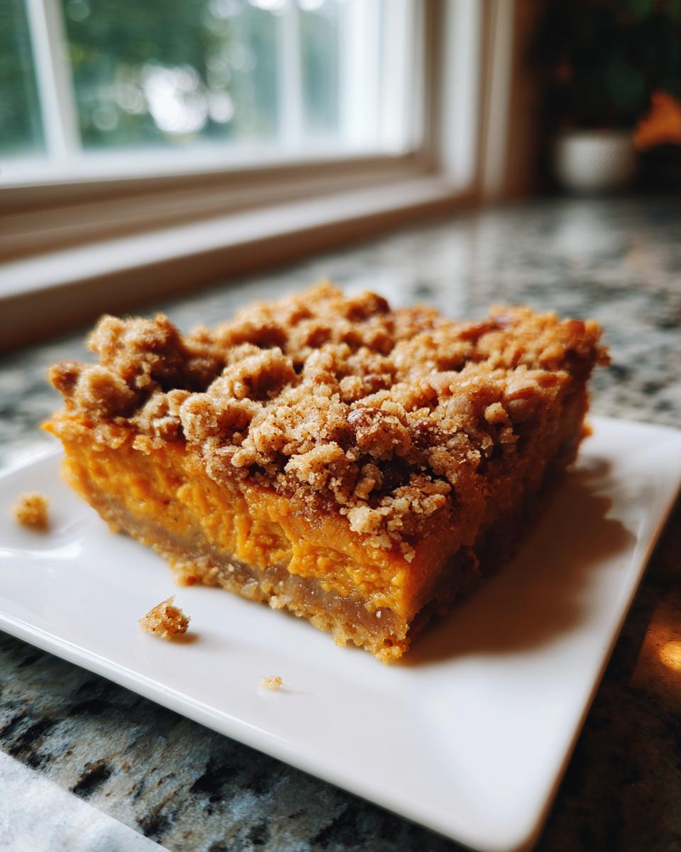A square slice of Southern Maple Sweet Potato Casserole topped with a crunchy pecan streusel, served on a white plate.