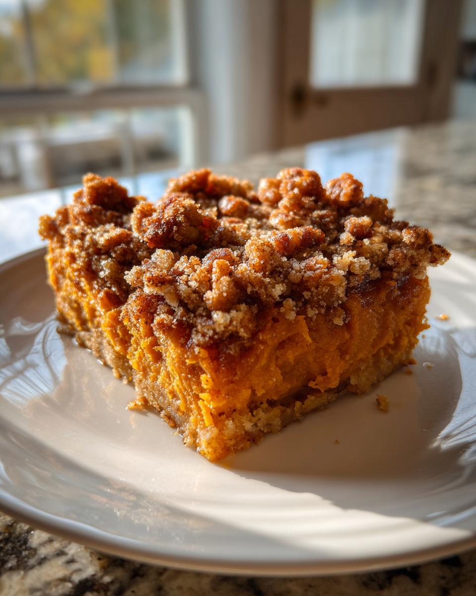 A square serving of Southern Maple Sweet Potato Casserole topped with a crunchy brown sugar streusel, sitting on a white plate.