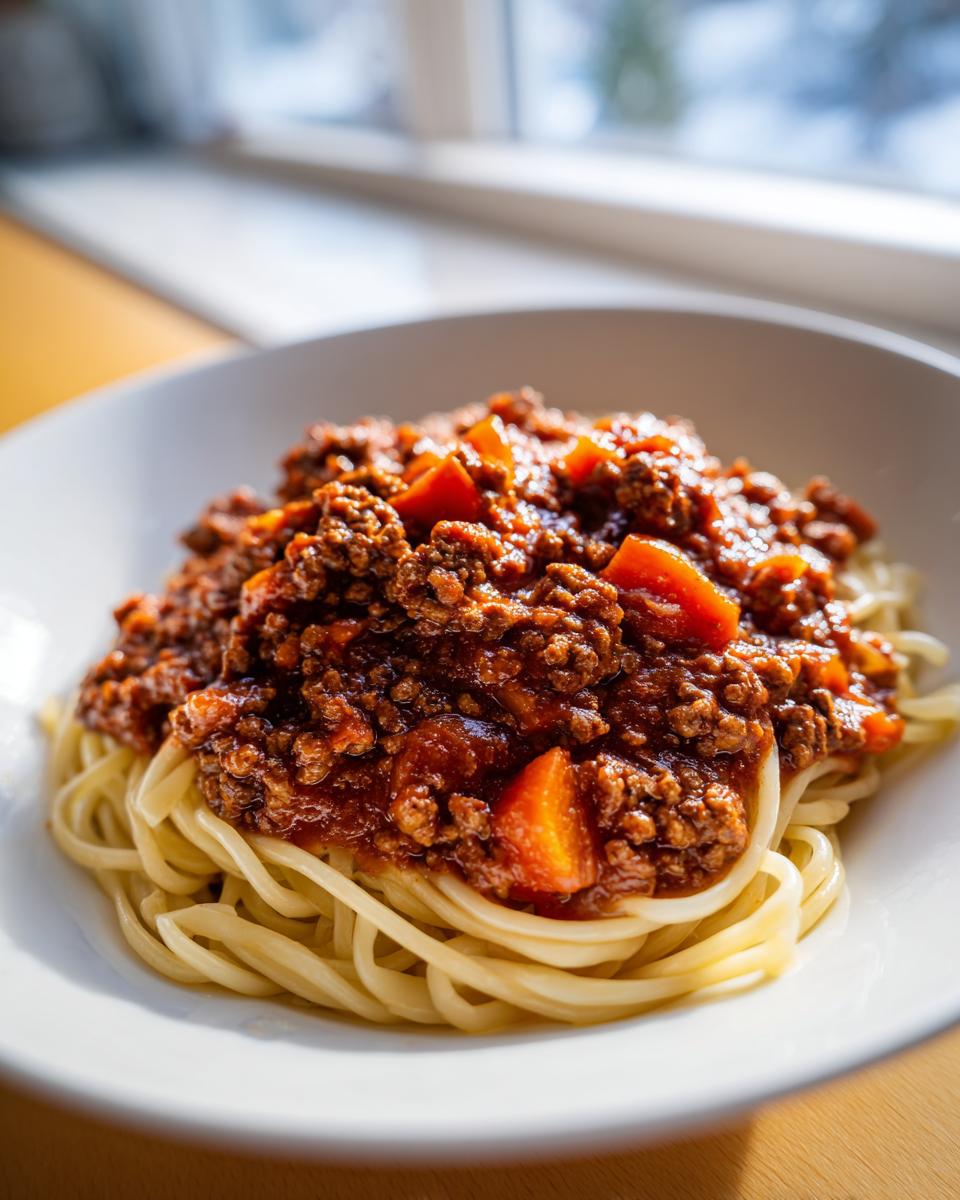 A close-up of spaghetti topped generously with rich Homemade Bolognese Sauce, featuring ground meat and visible chunks of carrot.