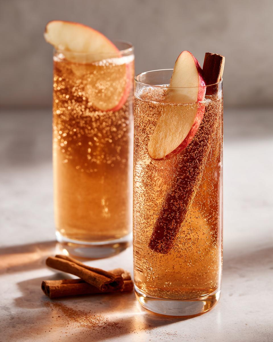 Two glasses of sparkling Apple Cider Mocktail garnished with fresh apple slices and cinnamon sticks.