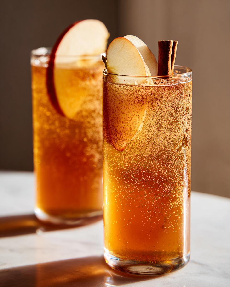 Two tall glasses of sparkling Apple Cider Mocktail garnished with fresh apple slices and cinnamon sticks.