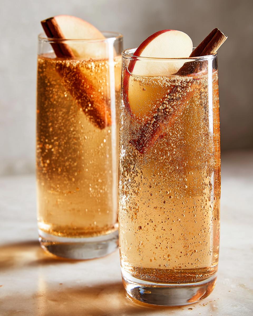 Two tall glasses filled with a sparkling Apple Cider Mocktail, garnished with apple slices and cinnamon sticks.