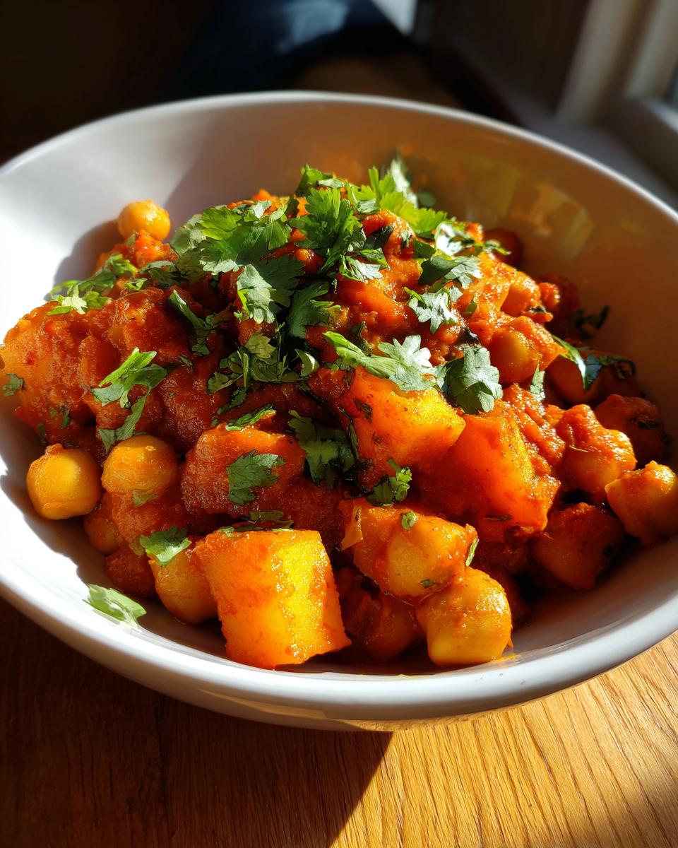 Close-up of a white bowl filled with Spicy Curry Chickpea Potatoes, topped generously with fresh cilantro.