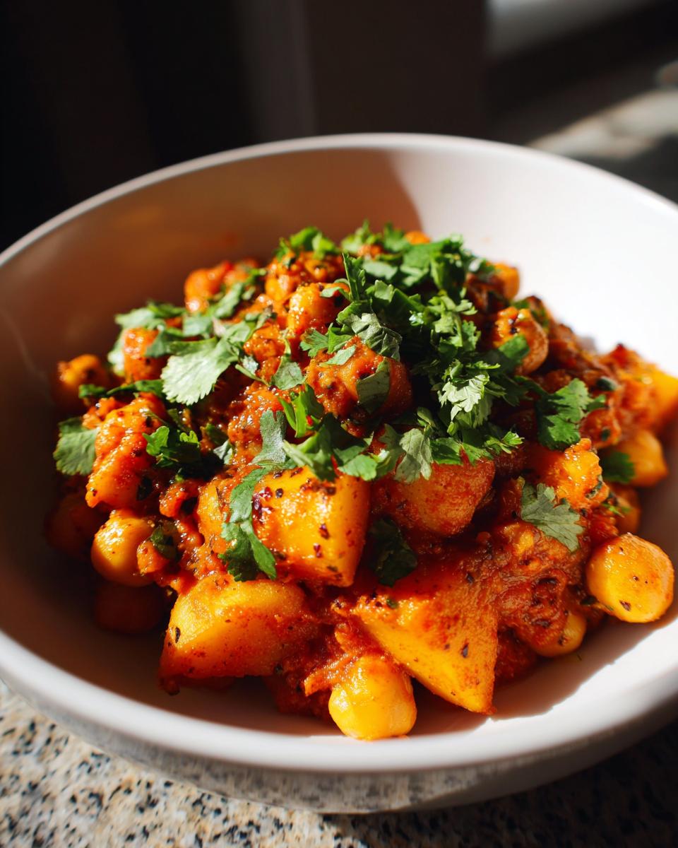 A close-up bowl of vibrant Spicy Curry Chickpea Potatoes topped generously with fresh cilantro.