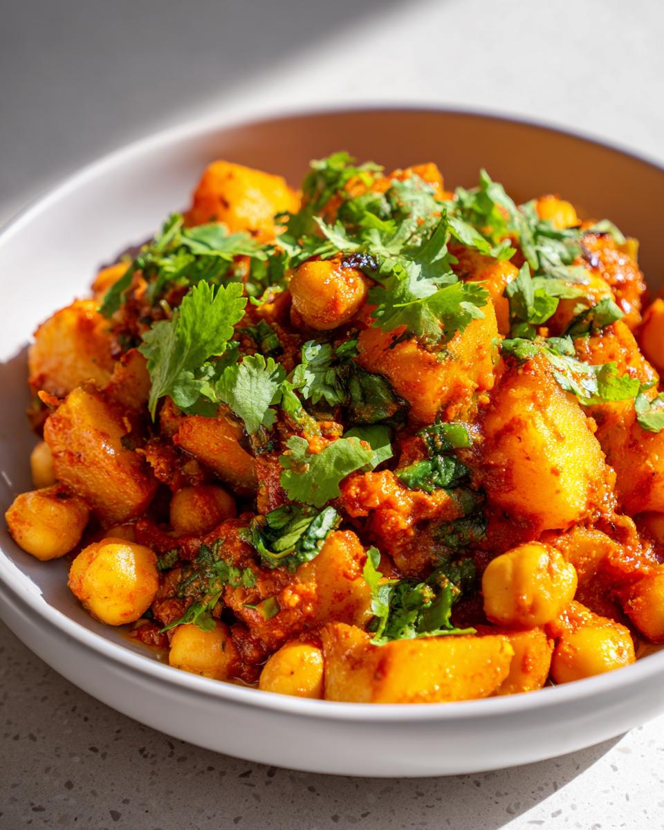 Close-up of a bowl filled with Spicy Curry Chickpea Potatoes, garnished generously with fresh green cilantro.