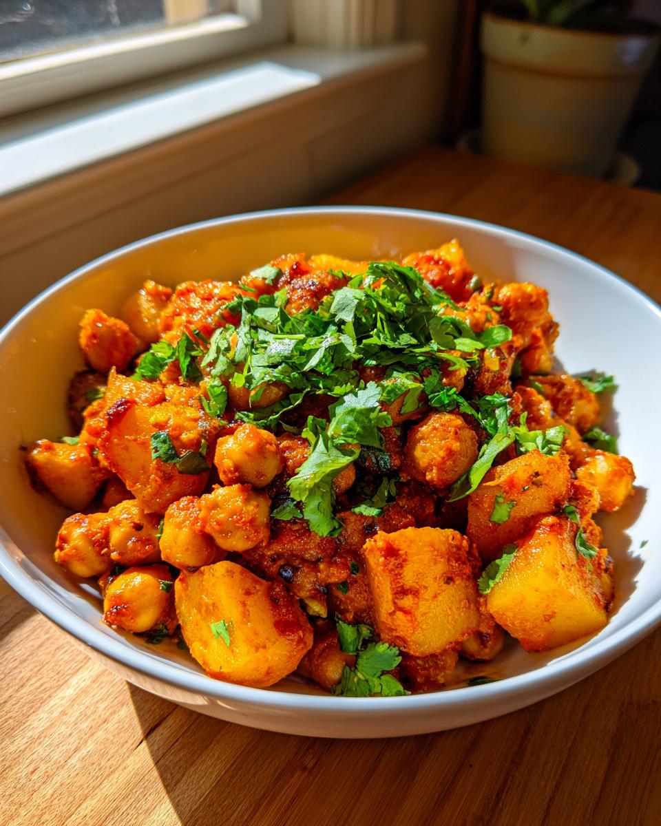 A white bowl filled with Spicy Curry Chickpea Potatoes, garnished generously with fresh cilantro.