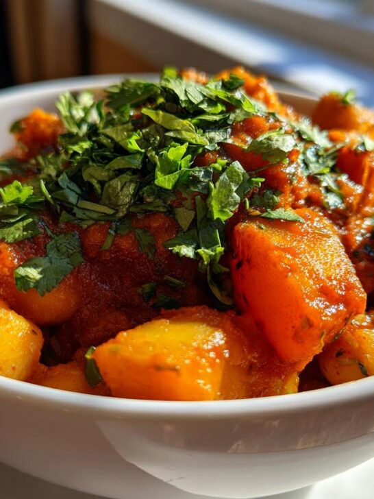 Close-up of Spicy Curry Chickpea Potatoes in a white bowl, topped with fresh cilantro.
