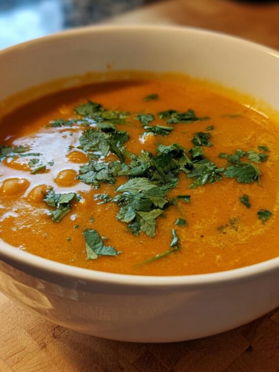 A close-up of Spicy Curry Pumpkin Soup With Chickpeas, topped with fresh cilantro, served in a white bowl.