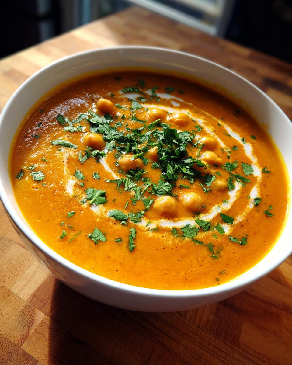 Close-up of a vibrant orange Spicy Curry Pumpkin Soup With Chickpeas, garnished with a swirl of cream and fresh parsley.