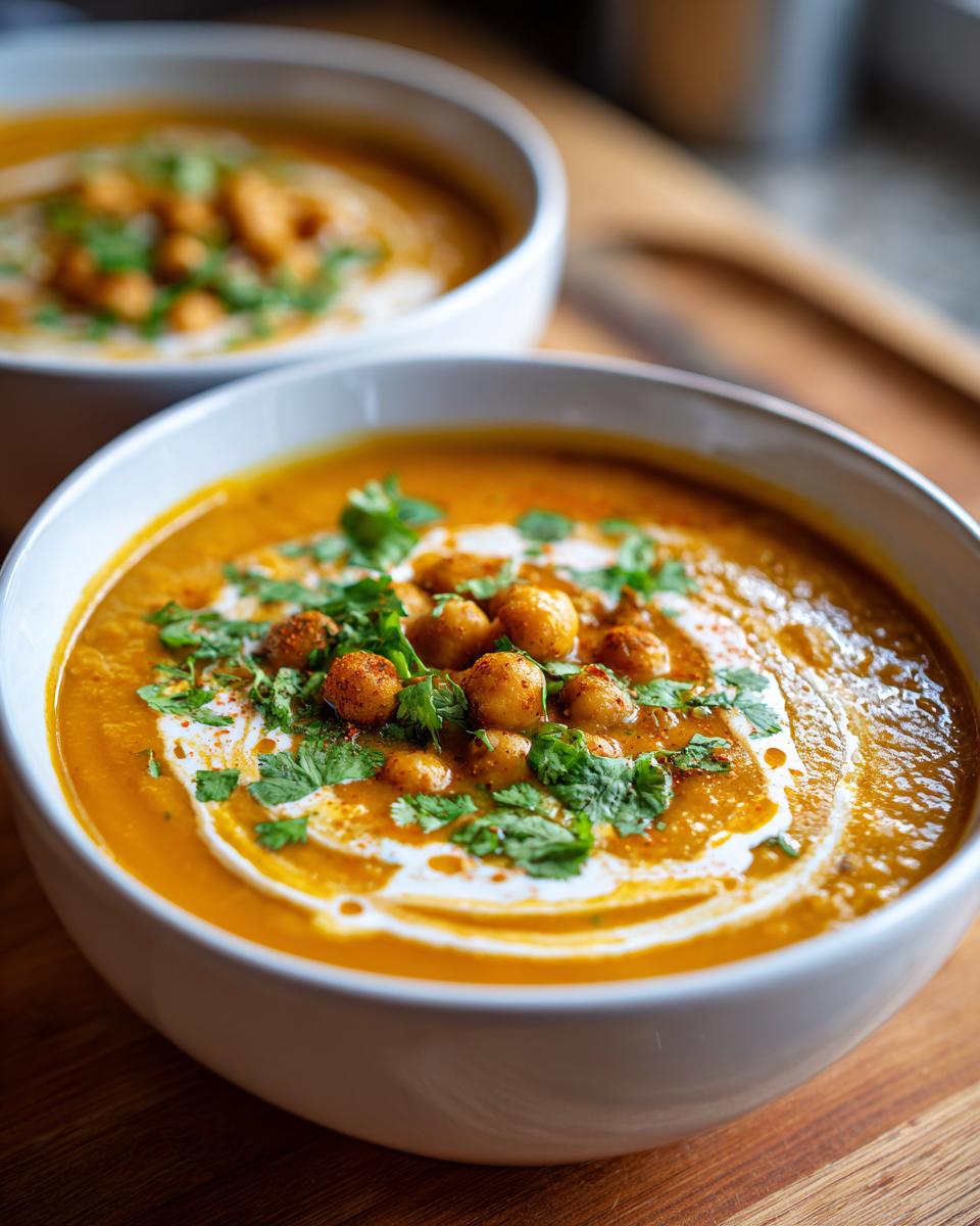 Close-up of a bowl of Spicy Curry Pumpkin Soup With Chickpeas, garnished with cream swirl, cilantro, and spiced chickpeas.