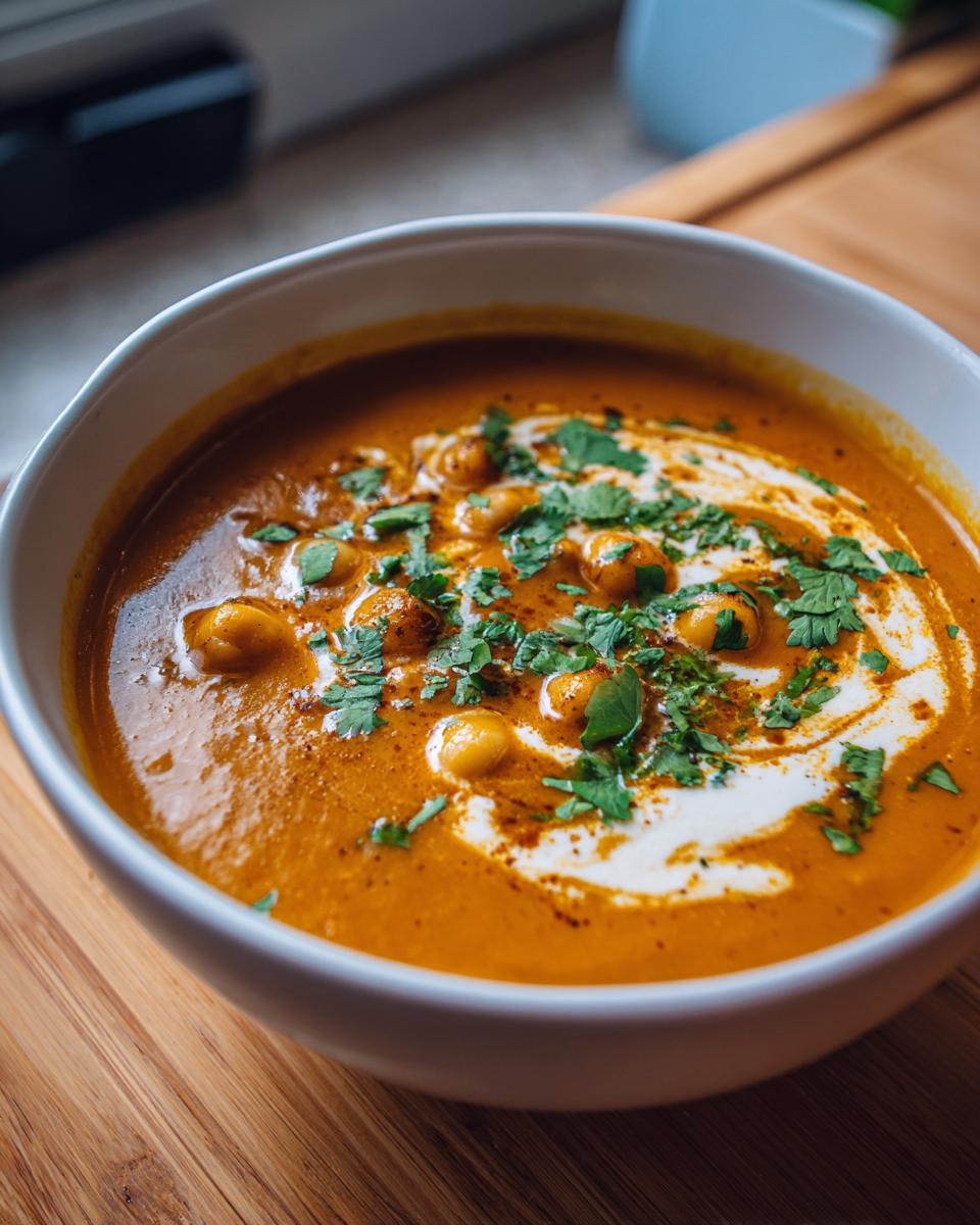 Close-up of a bowl of Spicy Curry Pumpkin Soup With Chickpeas, garnished with cream swirl and fresh cilantro.