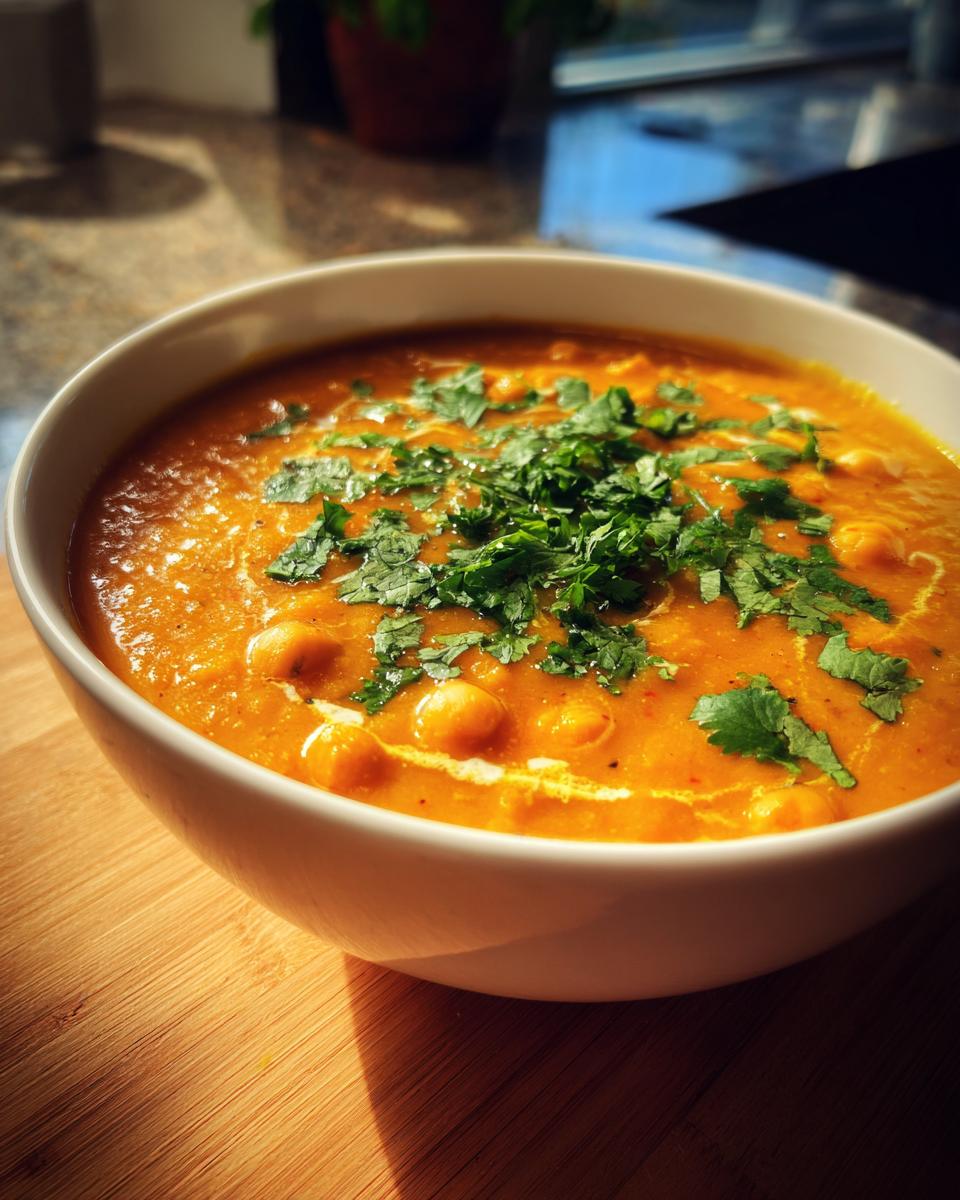 A close-up of Spicy Curry Pumpkin Soup With Chickpeas, topped with fresh cilantro and a swirl of cream.