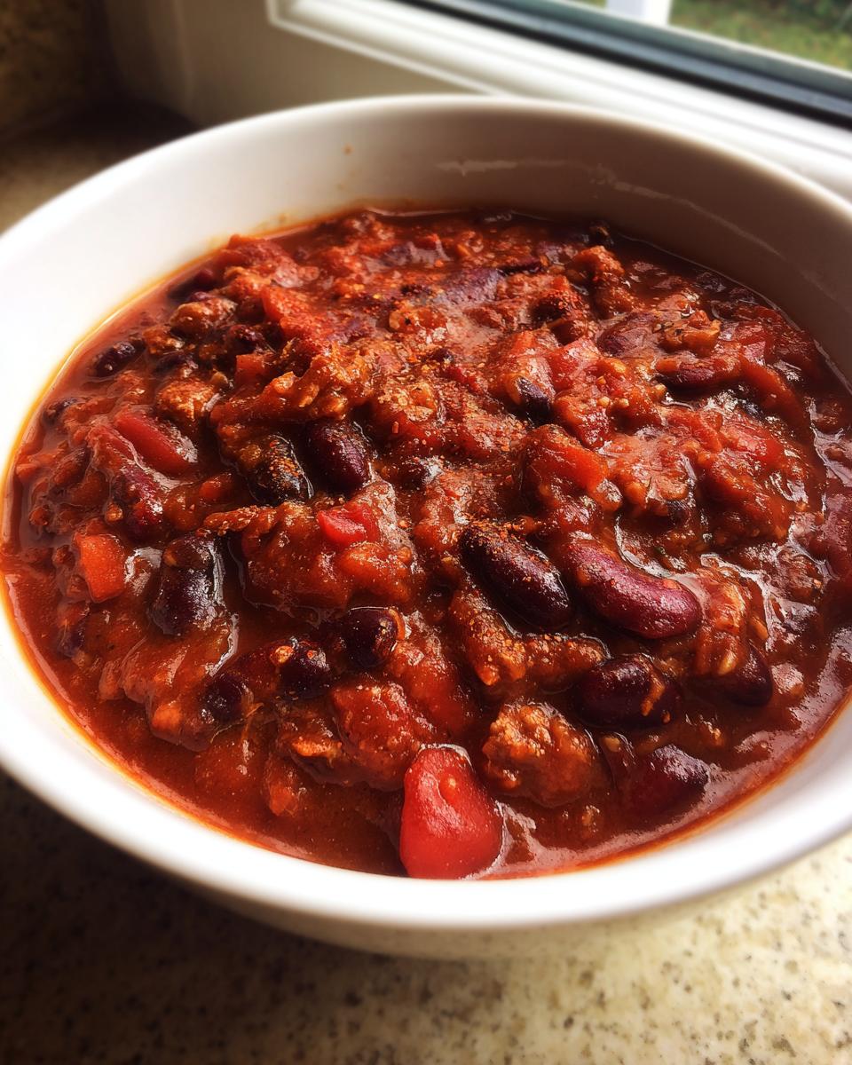 Close-up of a white bowl filled with rich, thick Spicy Vegan Chili featuring kidney beans and a deep red sauce.