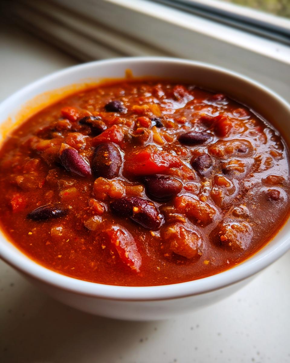 Close-up of a white bowl filled with rich, thick Spicy Vegan Chili featuring kidney beans and a deep red sauce.