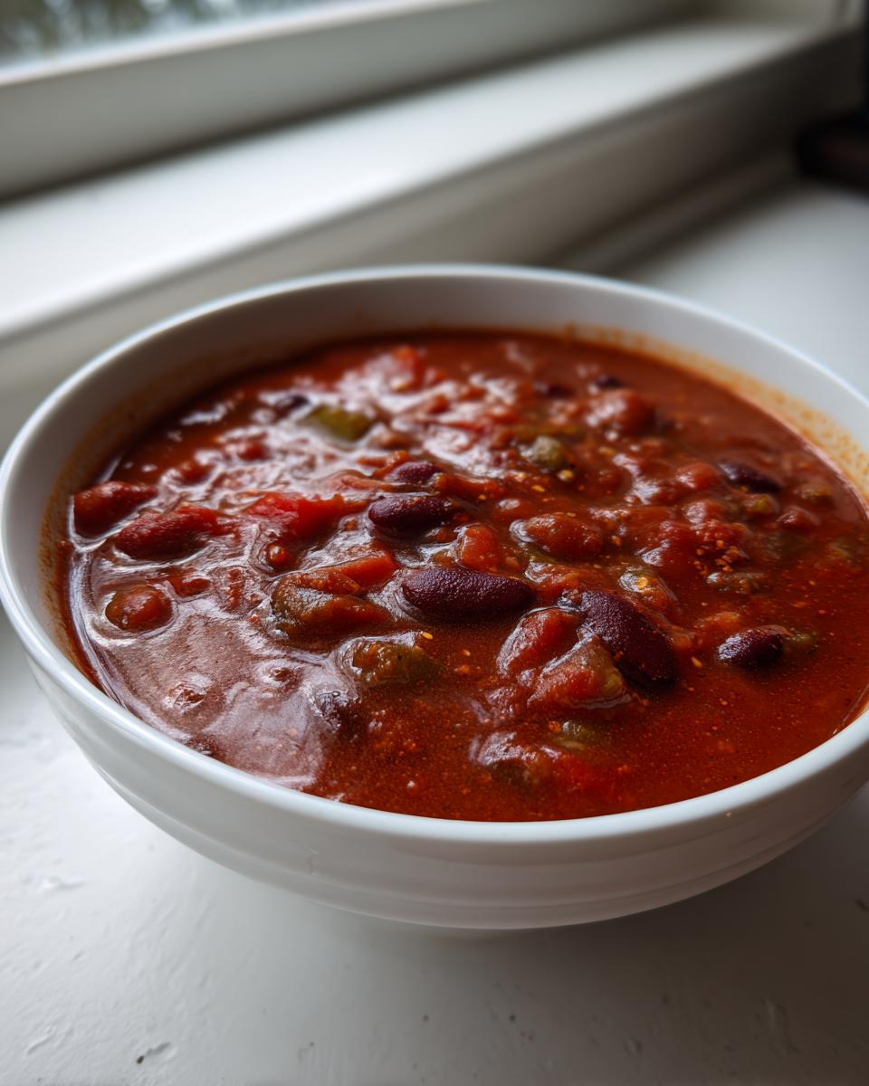 Close-up of a white bowl filled with rich, red Spicy Vegan Chili featuring visible kidney beans and diced tomatoes.