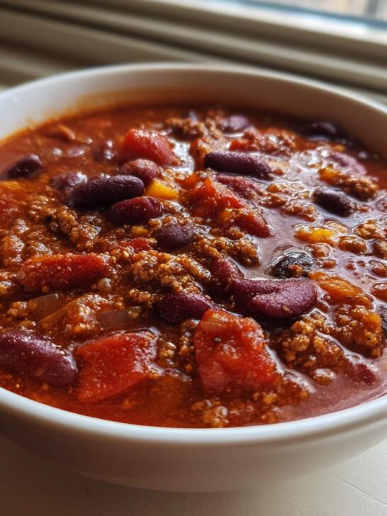 Close-up of a white bowl filled with rich, red Spicy Vegan Chili featuring kidney beans and textured crumbles.