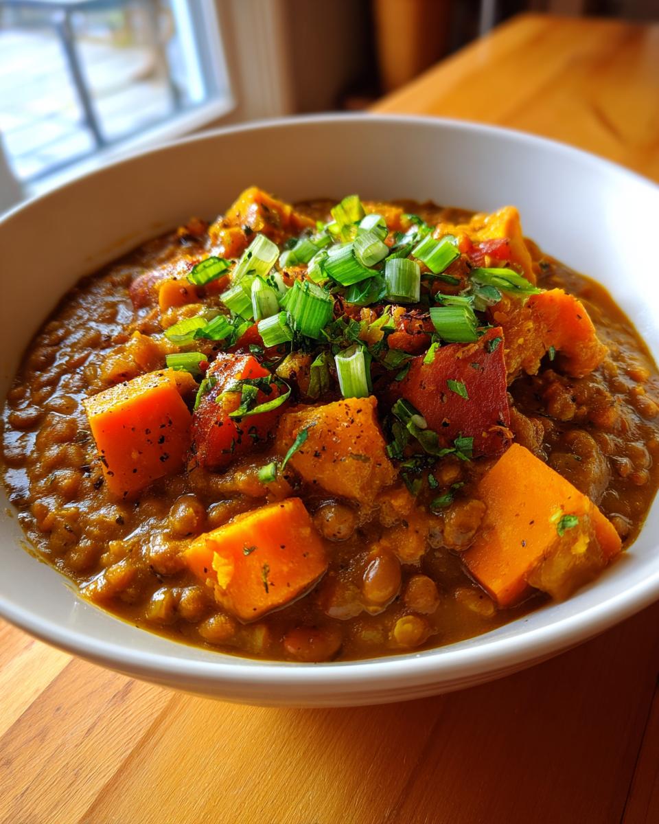 A close-up of Spicy Vegan Jamaican Stew Peas in a white bowl, topped with bright orange squash chunks and green onions.