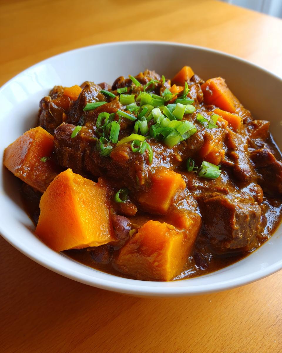 Close-up of a rich, dark brown Spicy Vegan Jamaican Stew Peas featuring large chunks of orange squash and topped with fresh green onions.