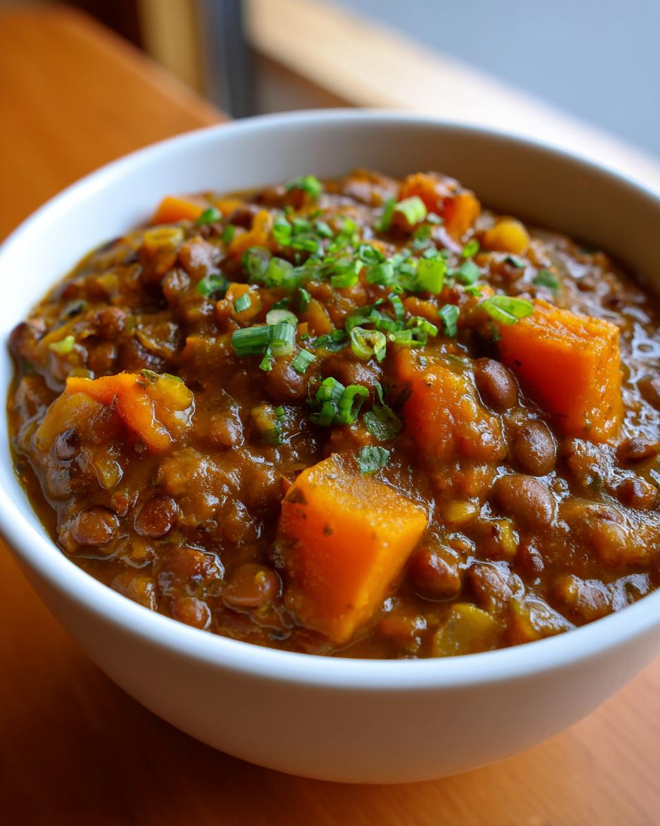 Close-up of a hearty bowl of Spicy Vegan Jamaican Stew Peas featuring large chunks of orange squash and topped with green onions.