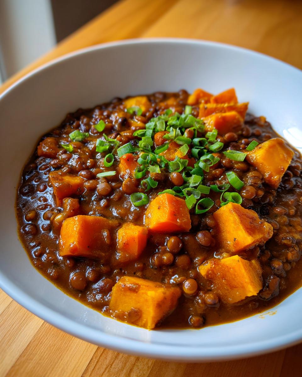 A bowl of rich, brown Spicy Vegan Jamaican Stew Peas featuring chunks of orange sweet potato and topped with fresh green scallions.