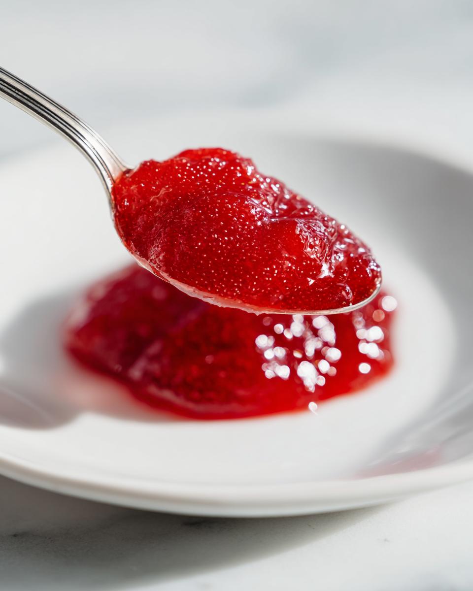 A silver spoon holds a generous dollop of glistening, bright red Homemade Strawberry Jam over a white plate.