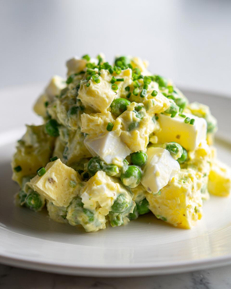 Close-up of a serving of Spring Vegetable Potato Salad featuring potatoes, green peas, chopped egg, and chives.