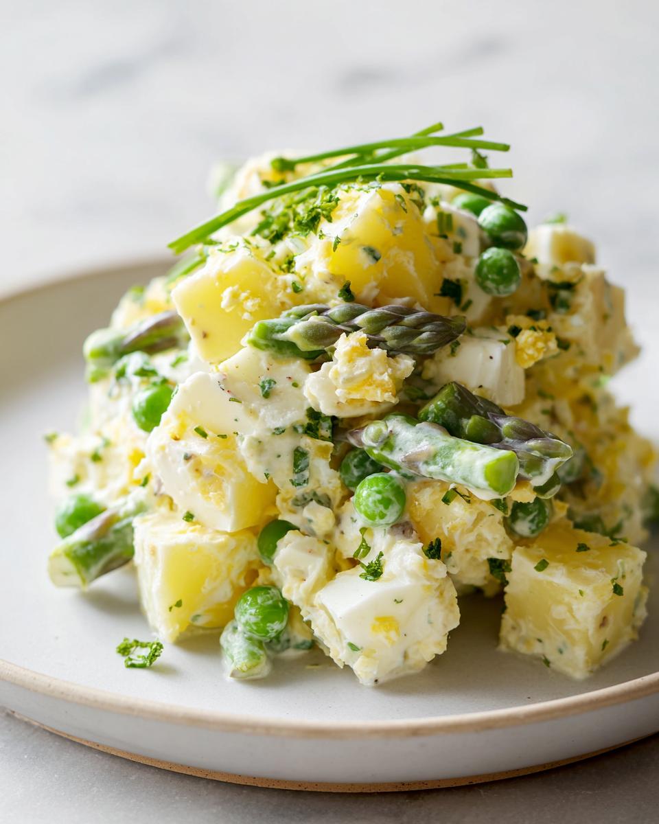 Close-up of a mound of Spring Vegetable Potato Salad featuring potatoes, green peas, asparagus, and creamy dressing, topped with chives.