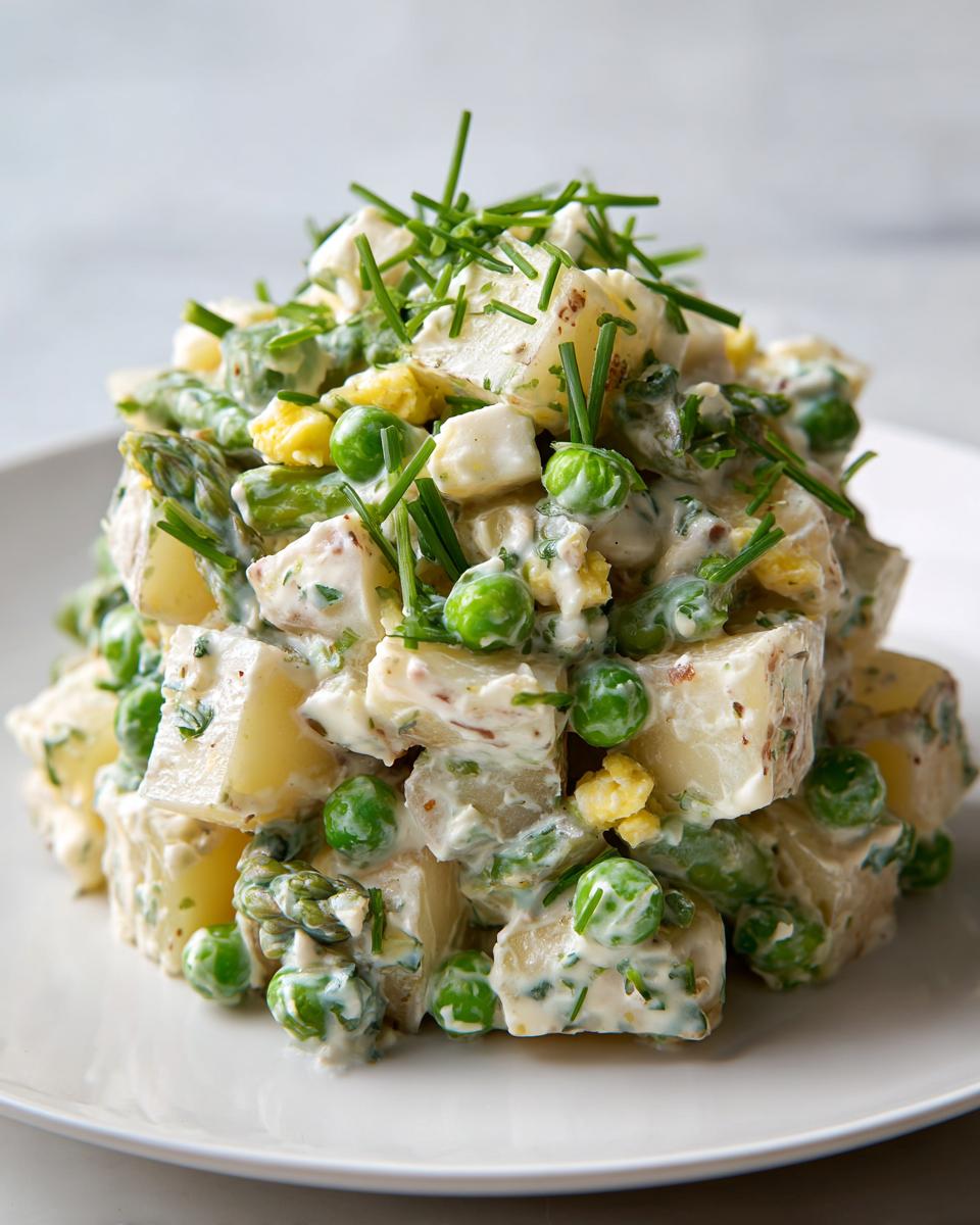 A mound of Spring Vegetable Potato Salad featuring potatoes, peas, asparagus, and creamy dressing, topped with fresh chives.