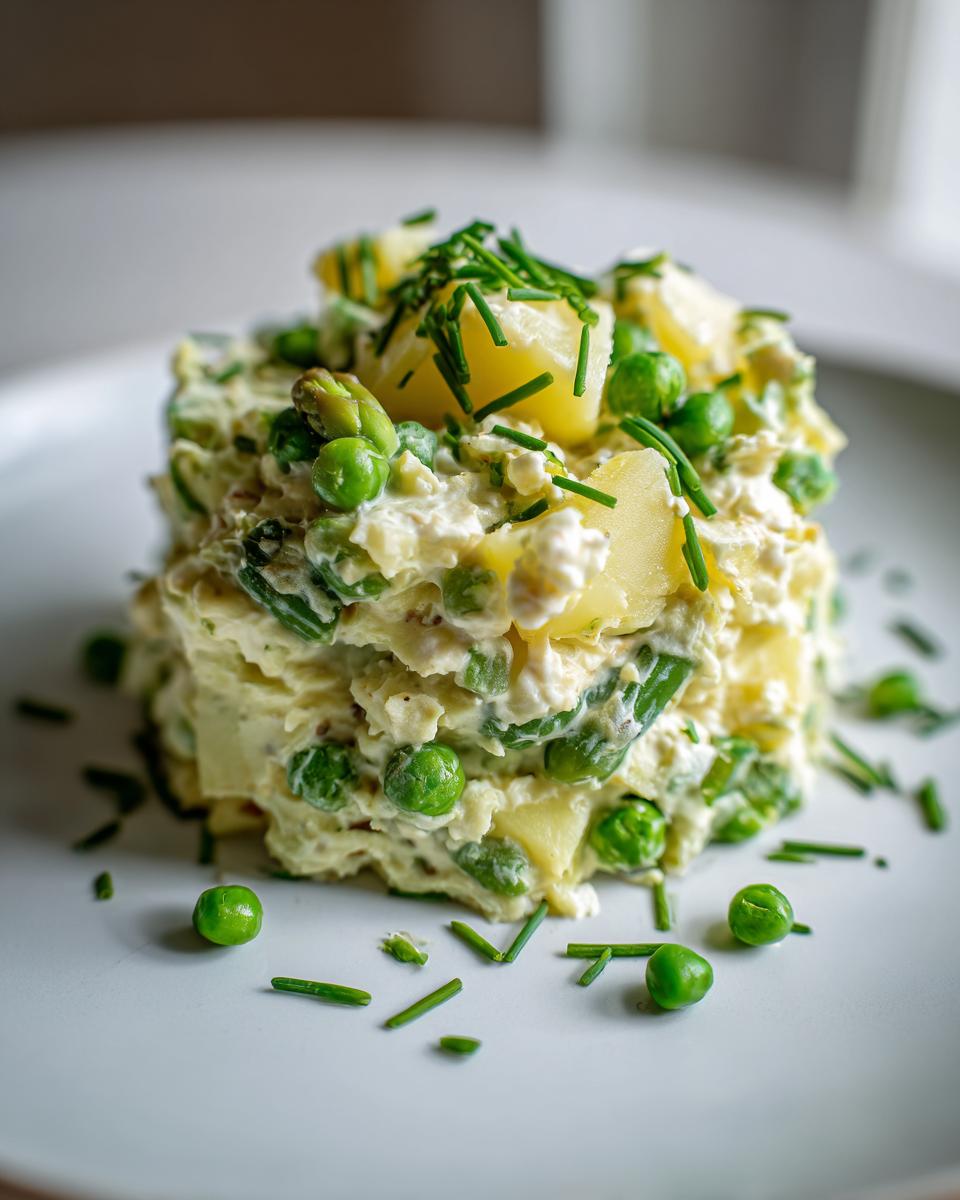 A molded serving of creamy Spring Vegetable Potato Salad featuring potatoes, peas, asparagus, and topped with fresh chives.