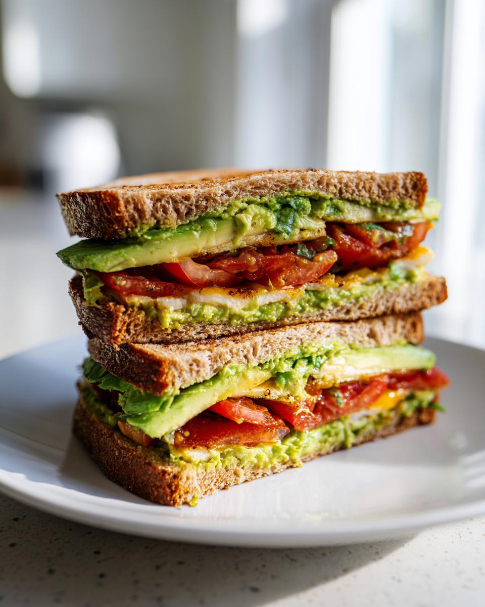 A tall, stacked Grilled Chicken Avocado Sandwich cut in half, showing layers of avocado spread, tomato, and chicken on whole wheat bread.