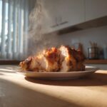 A freshly cooked, sliced piece of Chicken In A Pot, steaming gently on a white plate.