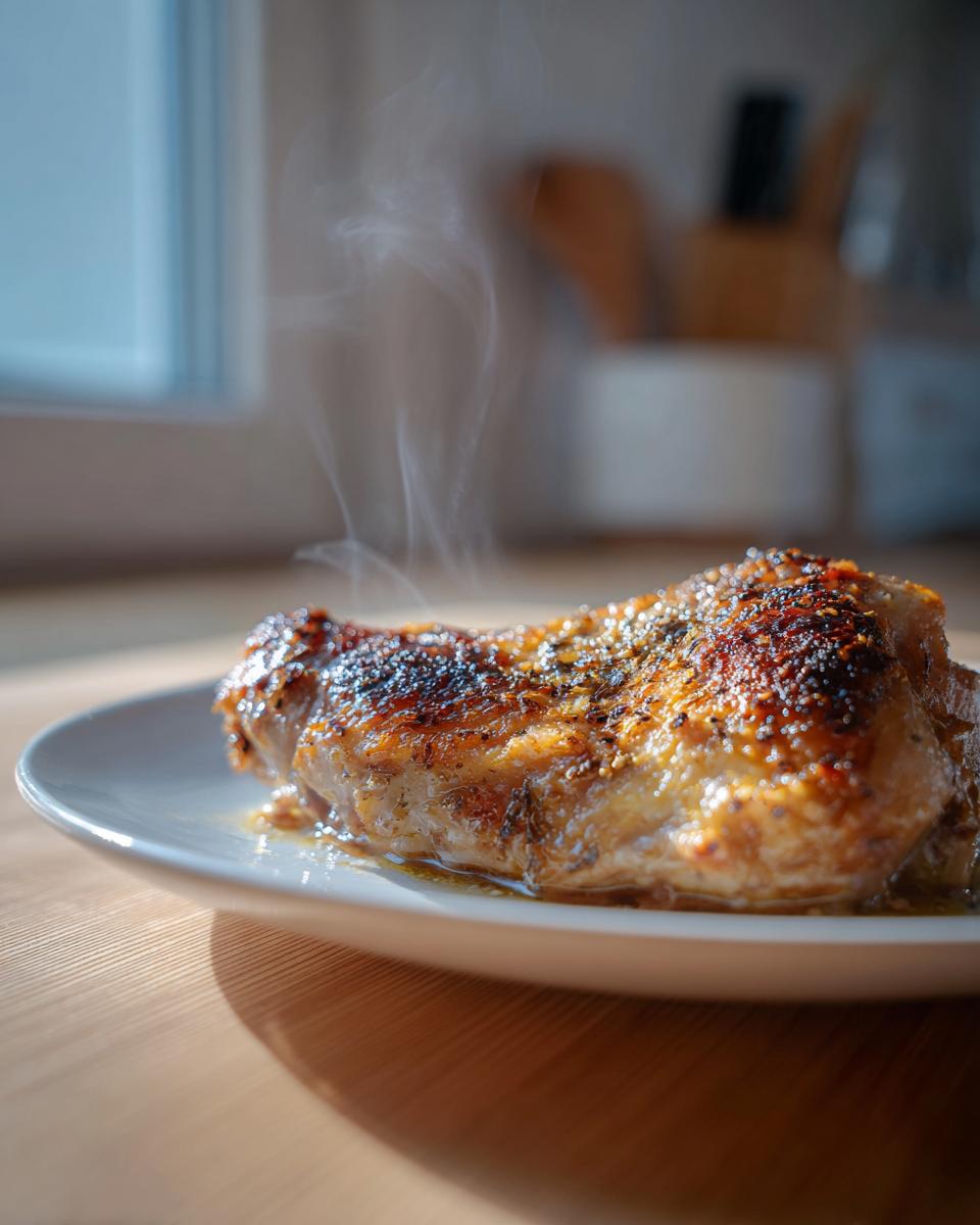 A close-up of a perfectly browned, steaming piece of Chicken In A Pot resting on a white plate.