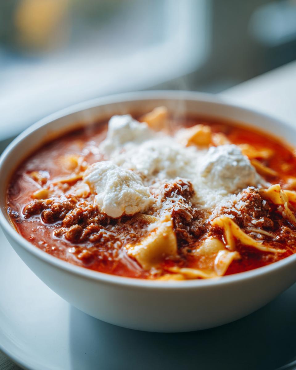 A close-up of a steaming white bowl filled with rich, red Lasagna Soup, topped generously with dollops of ricotta and grated Parmesan cheese.