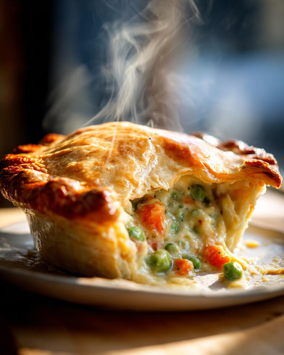 Close-up of a steaming hot Vegan Pot Pie with a flaky golden crust broken open to show creamy filling, carrots, and peas.