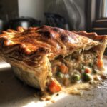 A close-up of a steaming, freshly baked Vegan Pot Pie with a golden, flaky crust broken open to show creamy filling and vegetables.