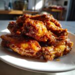 A pile of perfectly glazed Sticky Peach Chicken Wings glistening under bright light on a white plate.