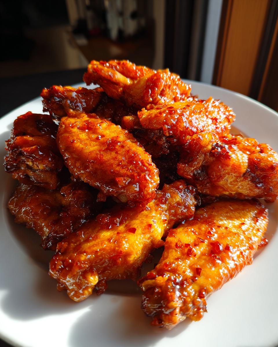 A pile of perfectly glazed Sticky Peach Chicken Wings glistening under bright light on a white plate.