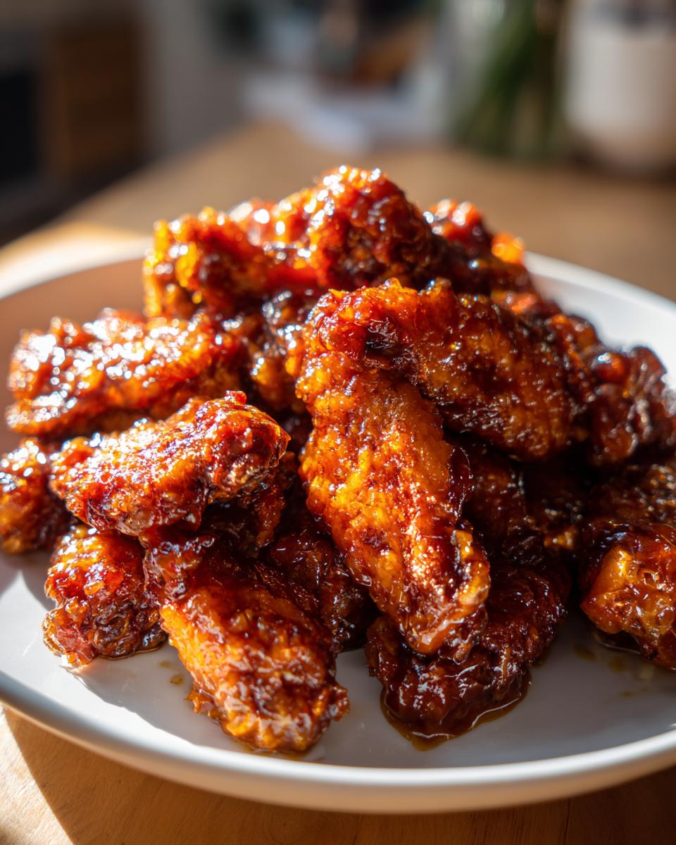 Close-up of a pile of shiny, glazed Sticky Peach Chicken Wings on a white plate.