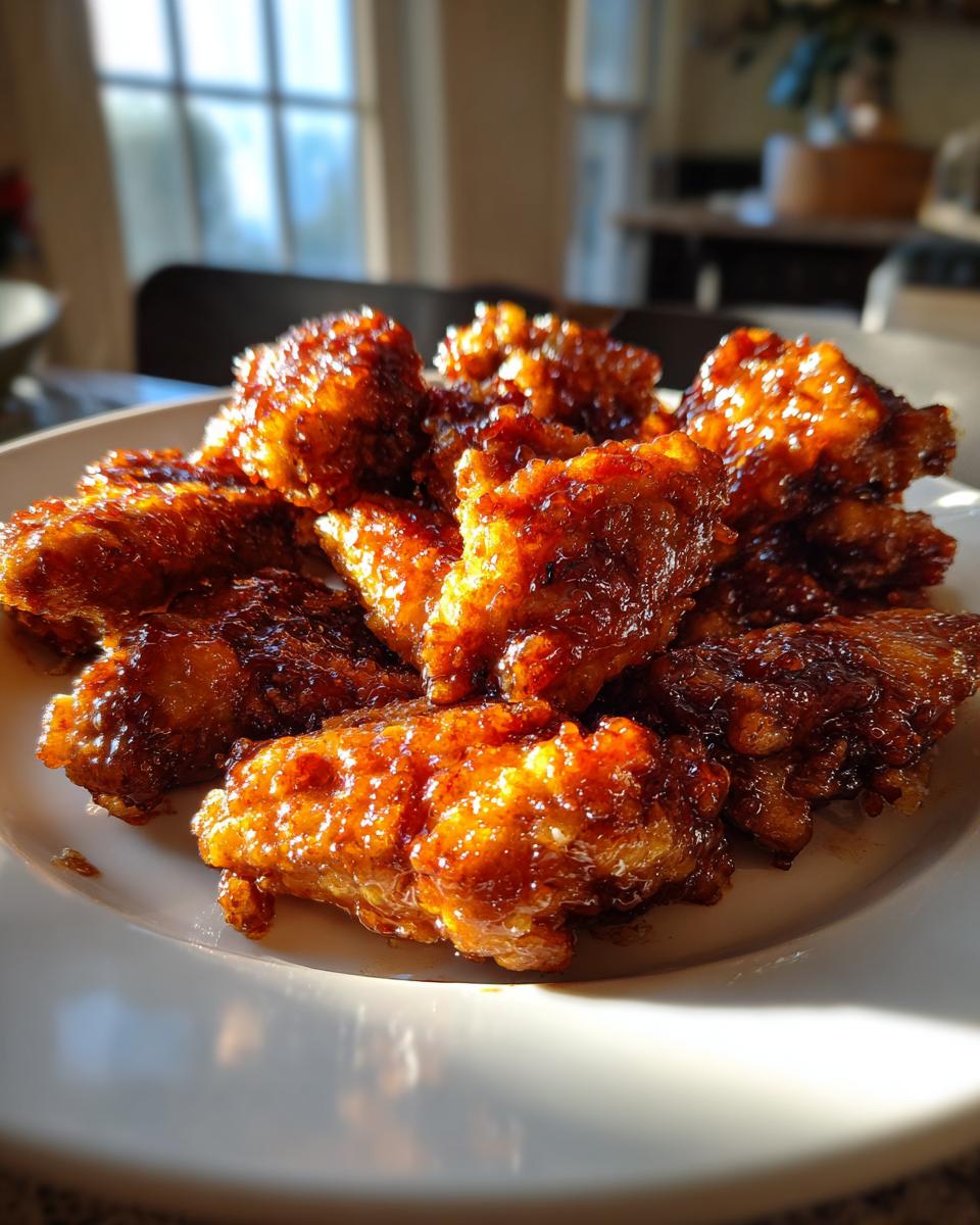A plate piled high with glistening, caramelized Sticky Peach Chicken Wings catching the sunlight.