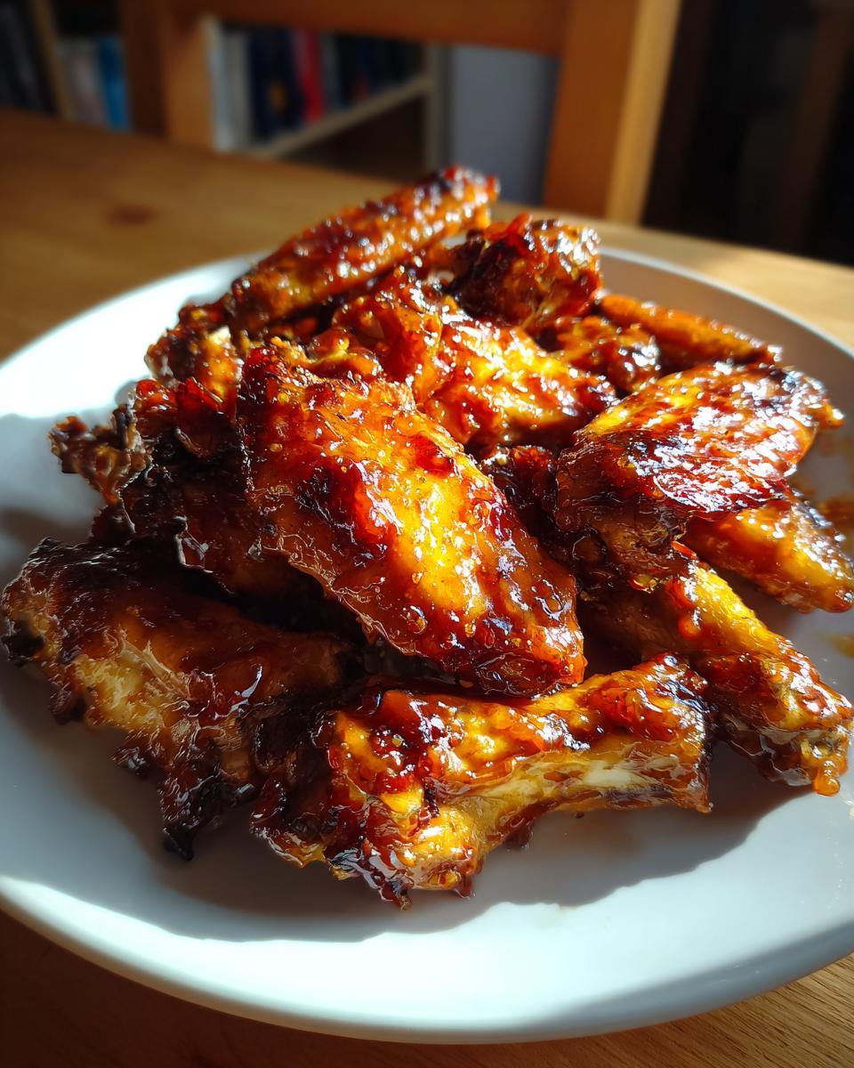 A mound of glistening, caramelized Sticky Peach Chicken Wings piled high on a white plate.