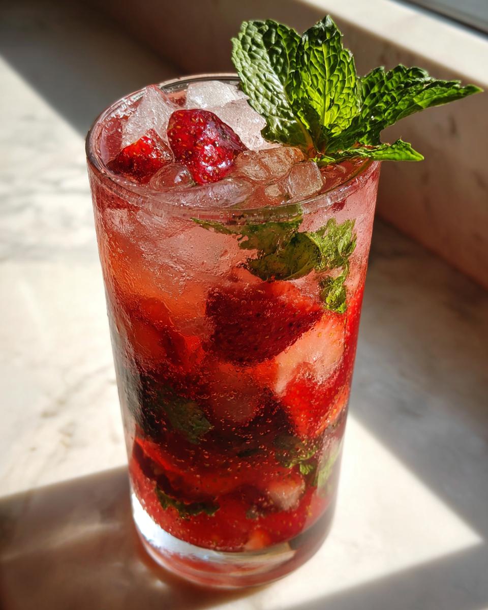 Close-up of a tall glass filled with a Strawberry Pom Mojito, crushed ice, strawberries, and a fresh mint sprig garnish.