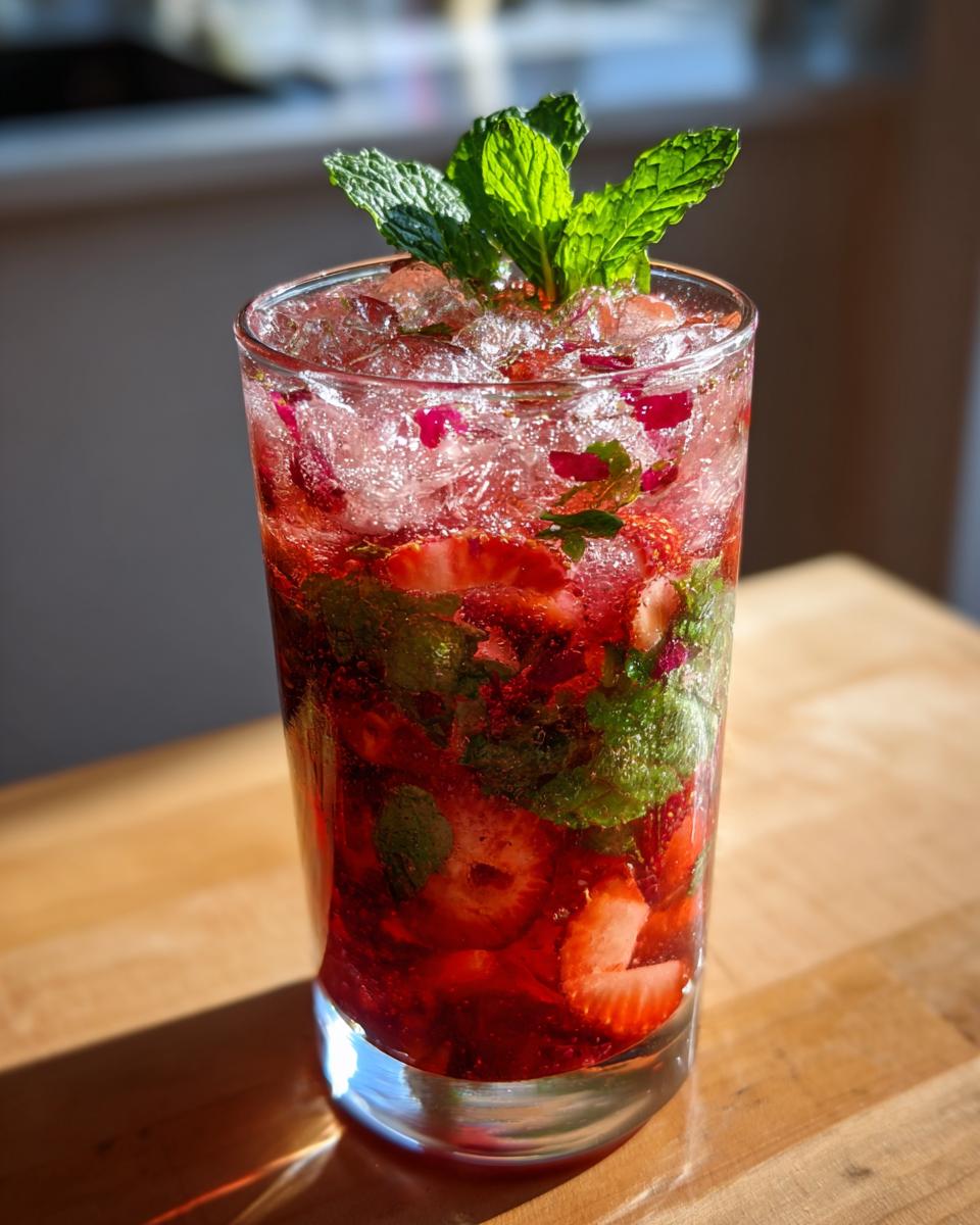 Close-up of a tall glass filled with a vibrant Strawberry Pom Mojito, crushed ice, muddled strawberries, and mint leaves.