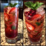 Two close-up views of a tall glass filled with a vibrant Strawberry Pom Mojito, garnished with mint, strawberries, and pomegranate seeds.