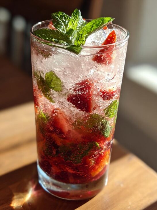 A tall glass filled with a Strawberry Pom Mojito, featuring muddled strawberries, mint leaves, and crushed ice.