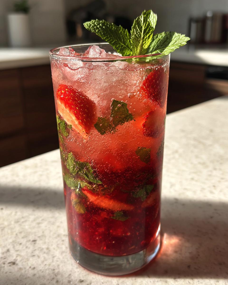 A tall glass filled with a bright red Strawberry Pom Mojito, featuring muddled strawberries, mint leaves, and crushed ice, garnished with fresh mint.