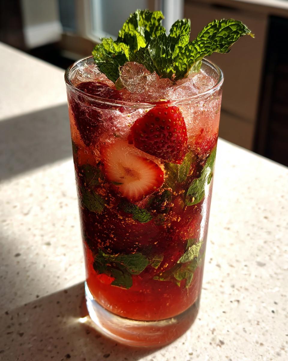 A tall glass filled with a vibrant Strawberry Pom Mojito, crushed ice, muddled strawberries, mint leaves, and topped with fresh mint.