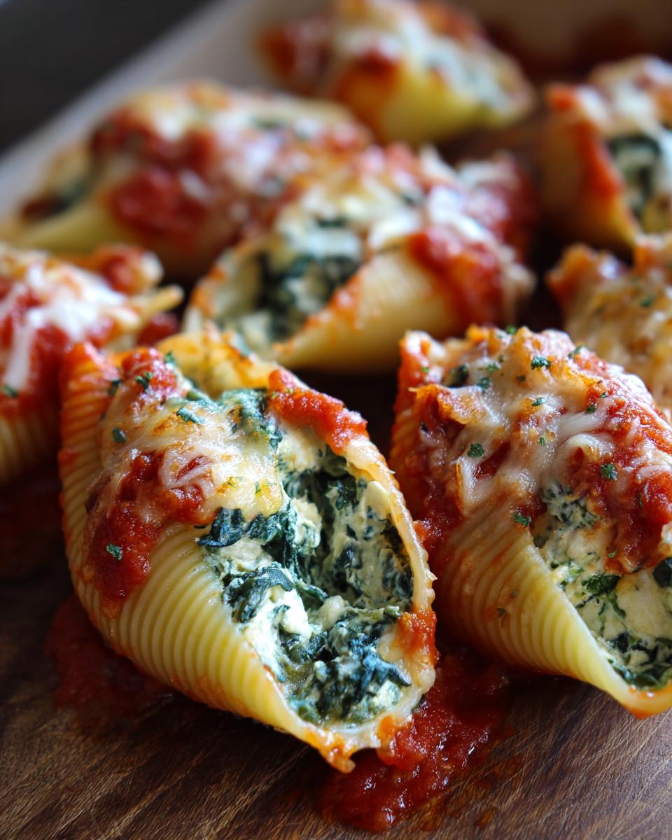 Close-up of baked Stuffed Shells Florentine overflowing with creamy spinach ricotta filling, topped with marinara sauce and melted cheese.