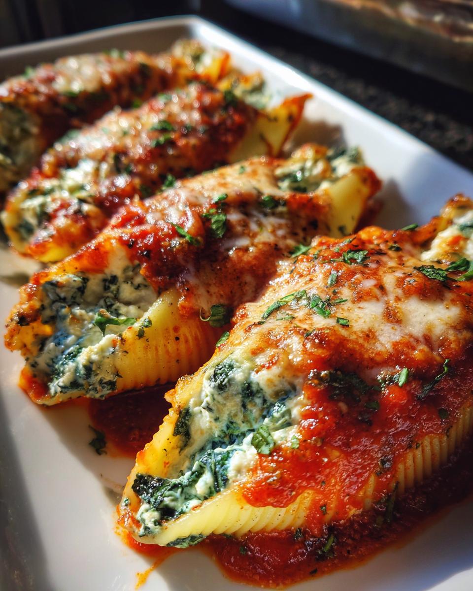 Close-up of baked Stuffed Shells Florentine, filled with ricotta and spinach, topped with marinara sauce and melted cheese.