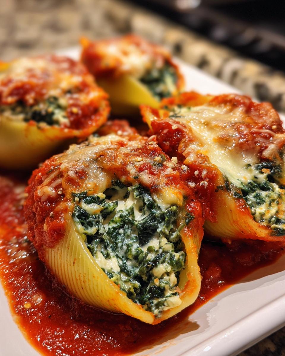 Close-up of baked Stuffed Shells Florentine shells filled with ricotta and spinach, topped with marinara sauce and melted cheese.